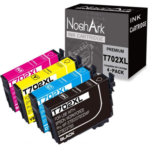  NoahArk 4 Packs 702XL Remanufacture Ink Cartridge Replacement for Epson 702 702XL T702 T702XL use for Epson Workforce Pro WF-3720 WF-3720DWF WF-3730 WF-3733 Printer (1 Black 1 Cyan