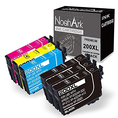  NoahArk 6 Packs 200XL Remanufactured Ink Cartridge Replacement for Epson 200 XL T200XL use for Expression Home XP-200 XP-300 XP-310 XP-400 XP-410 Workforce WF-2520 WF-2530 (3BK/1C/