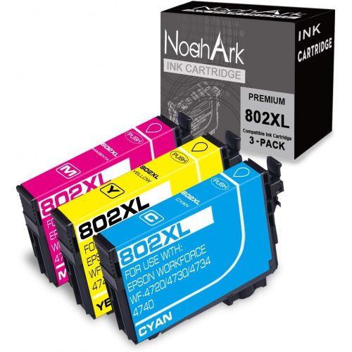  NoahArk 3 Packs 802XL Remanufactured Ink Cartridge Replacement for Epson 802 802XL T802 T802XL Workforce Pro WF-4720 WF-4730 WF-4740 WF-4734 EC-4020 EC-4030 EC-4040 Printer (Cyan,