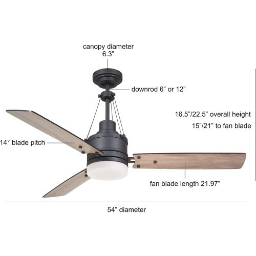  Noble Home LED Ceiling Fan with Remote, 54 Inch Contemporary Design with Removable Light Kit and 3 Reversible Blades Dimmable Indoor Fixture with Quiet Motor, Graphite