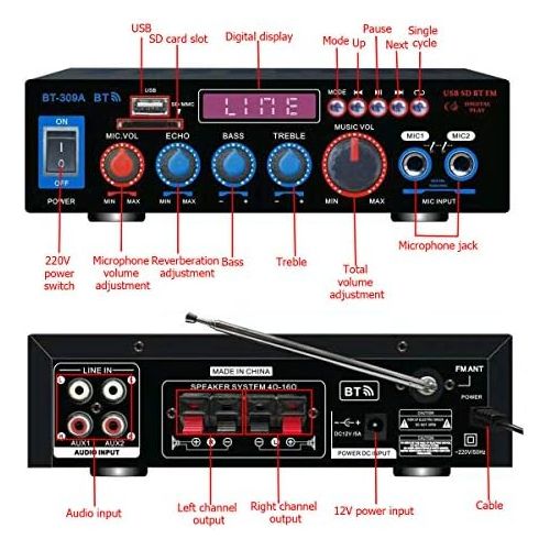  [아마존베스트]-Service-Informationen 800W Bluetooth Car Home Amplifier HiFi Stereo Audio Digital Amp MP3 SD MIC (BT-309A 800W)