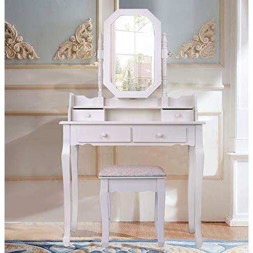  None White Finish Make-Up, Earring, Necklace Jewelry Holder Mirror Vanity Dresser Table and Stool Set