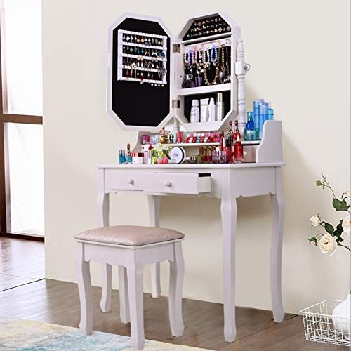  None White Finish Make-Up, Earring, Necklace Jewelry Holder Mirror Vanity Dresser Table and Stool Set