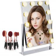 Nora Beauty Makeup Mirror Electroplating Process | Large 12 Big Led Bulbs Hollywood Style Vanity Mirror with 5x Magnifier and Clock | Tabletops 10 Hole Oval Makeup Brush Holder Touch Screen Ad