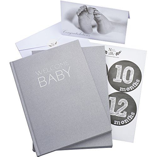  [아마존베스트]Nora's Nursery Baby Book Memory Journal - Unisex Linen Wrapped with Monthly Stickers & Card  Baby Shower Gift or Scrapbook Keepsake