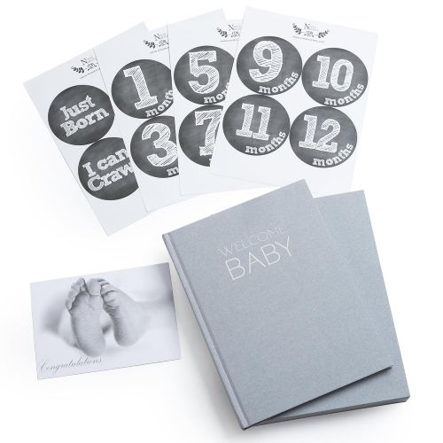  [아마존베스트]Nora's Nursery Baby Book Memory Journal - Unisex Linen Wrapped with Monthly Stickers & Card  Baby Shower Gift or Scrapbook Keepsake
