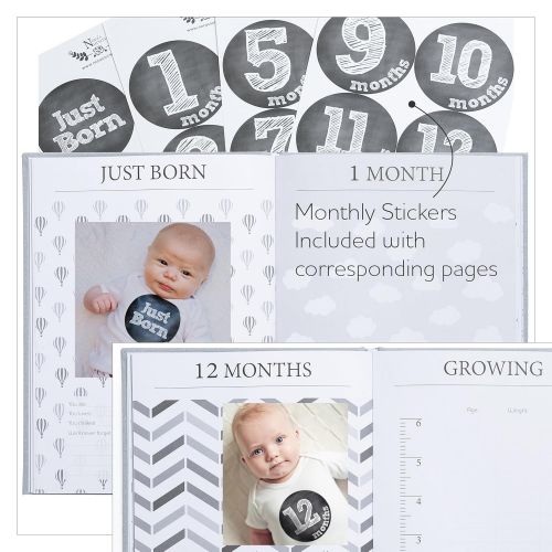  [아마존베스트]Nora's Nursery Baby Book Memory Journal - Unisex Linen Wrapped with Monthly Stickers & Card  Baby Shower Gift or Scrapbook Keepsake