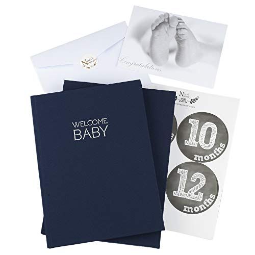  [아마존베스트]Nora's Nursery Navy Blue Linen Wrapped Baby Memory Book Journal with Monthly Stickers & Card  Baby Shower Gift or Scrapbook Keepsake