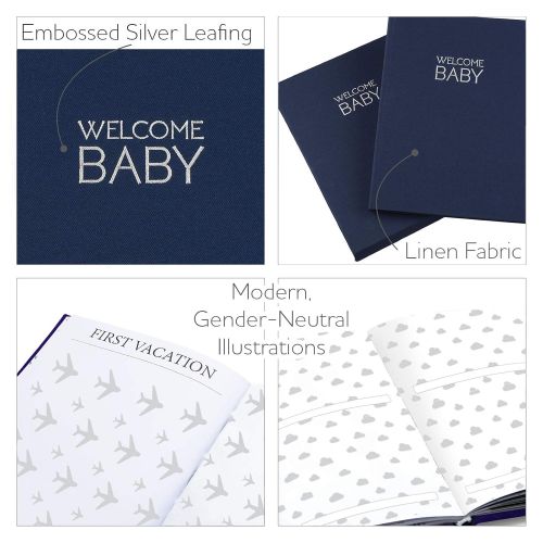  [아마존베스트]Nora's Nursery Navy Blue Linen Wrapped Baby Memory Book Journal with Monthly Stickers & Card  Baby Shower Gift or Scrapbook Keepsake