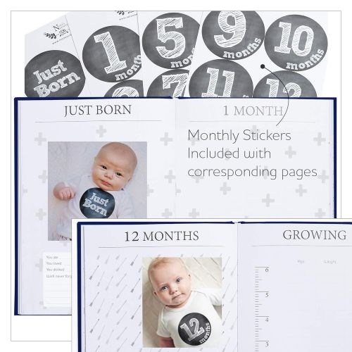  [아마존베스트]Nora's Nursery Navy Blue Linen Wrapped Baby Memory Book Journal with Monthly Stickers & Card  Baby Shower Gift or Scrapbook Keepsake