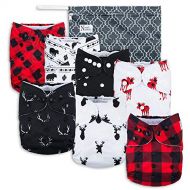 Buffalo Plaid Baby Cloth Pocket Diapers 7 Pack, 7 Bamboo Inserts, 1 Wet Bag by Noras Nursery
