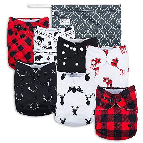  Buffalo Plaid Baby Cloth Pocket Diapers 7 Pack, 7 Bamboo Inserts, 1 Wet Bag by Noras Nursery