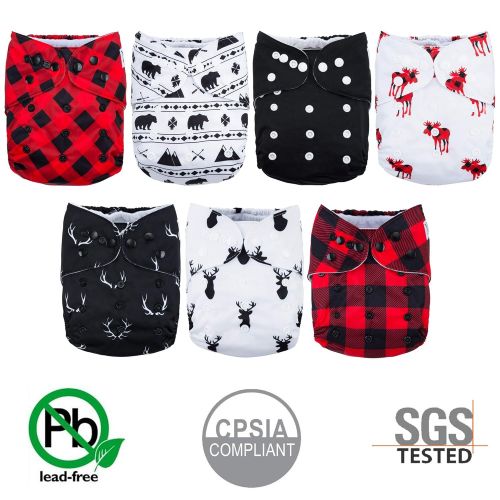  Buffalo Plaid Baby Cloth Pocket Diapers 7 Pack, 7 Bamboo Inserts, 1 Wet Bag by Noras Nursery