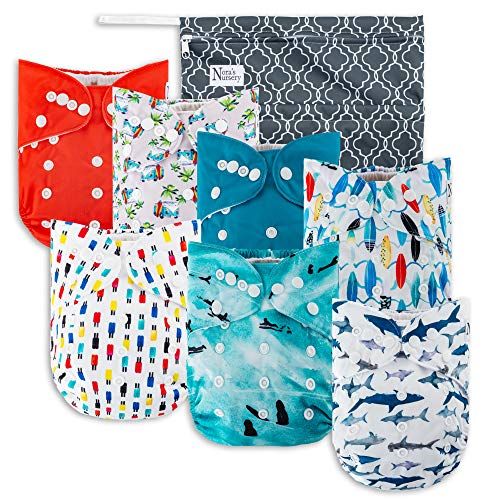  Surfs Up Cloth Pocket Diapers 7 Pack, 7 Bamboo Inserts, 1 Wet Bag by Noras Nursery