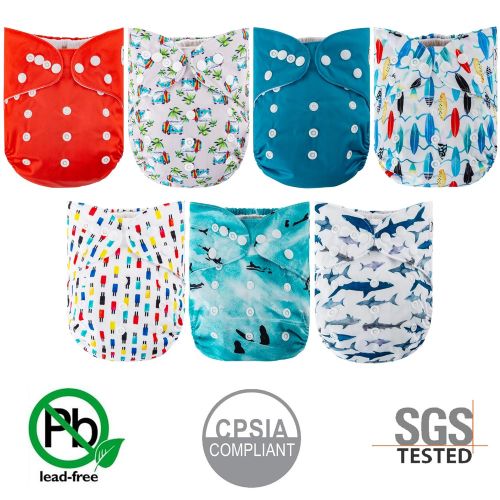  Surfs Up Cloth Pocket Diapers 7 Pack, 7 Bamboo Inserts, 1 Wet Bag by Noras Nursery