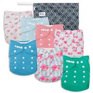 Peonies Baby Cloth Pocket Diapers 7 Pack, 7 Bamboo Inserts, 1 Wet Bag by Noras Nursery