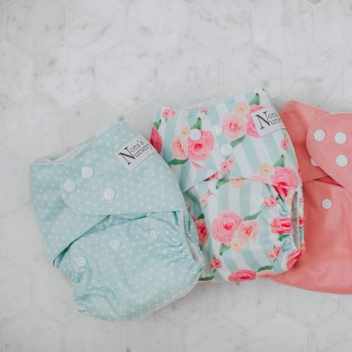  Peonies Baby Cloth Pocket Diapers 7 Pack, 7 Bamboo Inserts, 1 Wet Bag by Noras Nursery