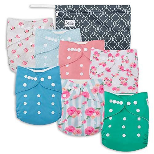  Peonies Baby Cloth Pocket Diapers 7 Pack, 7 Bamboo Inserts, 1 Wet Bag by Noras Nursery