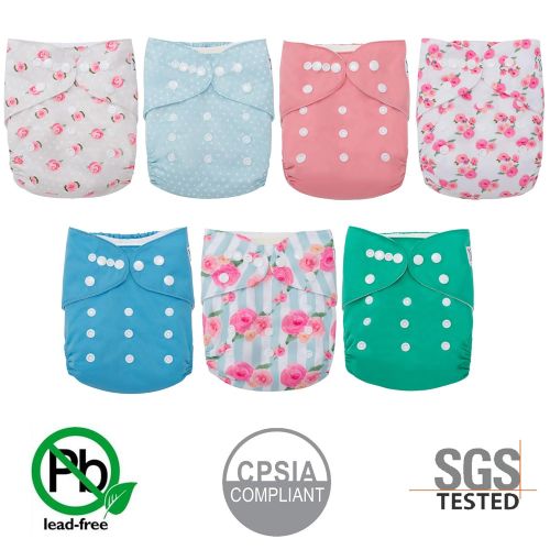  Peonies Baby Cloth Pocket Diapers 7 Pack, 7 Bamboo Inserts, 1 Wet Bag by Noras Nursery