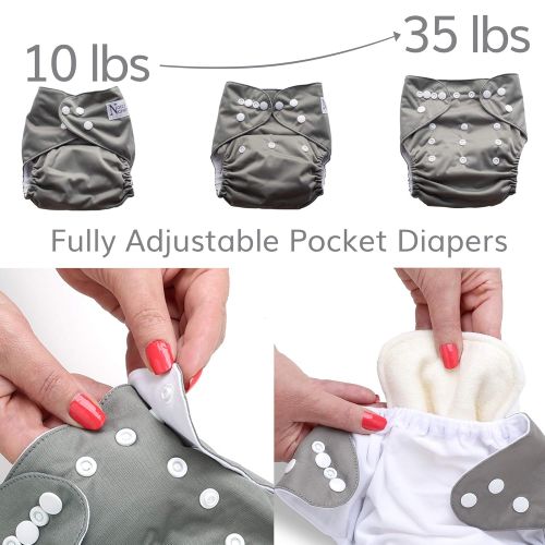  Peonies Baby Cloth Pocket Diapers 7 Pack, 7 Bamboo Inserts, 1 Wet Bag by Noras Nursery