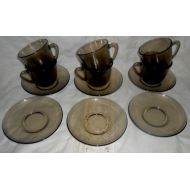 /NordicSnowVintage Vintage French Glass Tea or Coffee Cup Set~6 cups with Saucers~Smoked Glass~Housewarming Gift~