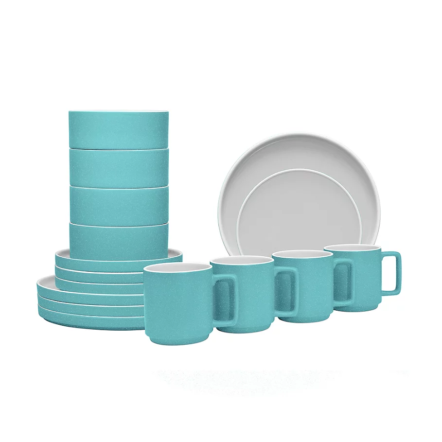  Noritake ColorTrio Stax 16-Piece Dinnerware Set in TurquoiseGrey