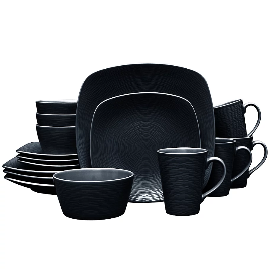  Noritake Black on Black Swirl Square 16-Piece Dinnerware Set