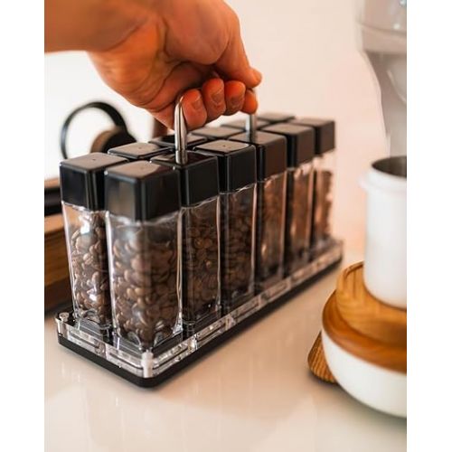  Normcore 12 Tubes Single Dose Espresso Bean Cellars, Coffee Beans Storage Tube Vial Vault with One-Way Exhaust Valve, 12 Pcs Glass Coffee Bean Capsules With Display Stand And Funnel