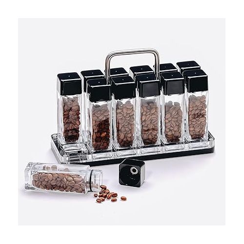  Normcore 12 Tubes Single Dose Espresso Bean Cellars, Coffee Beans Storage Tube Vial Vault with One-Way Exhaust Valve, 12 Pcs Glass Coffee Bean Capsules With Display Stand And Funnel