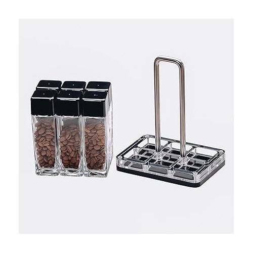  Normcore 6 Tubes Single Dose Espresso Bean Cellars, Coffee Beans Storage Tube Vial Vault with One-Way Exhaust Valve, Glass Coffee Bean Capsules with Display Stand and Funnel