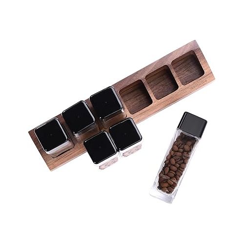  Normcore 6 Tubes Single Dose Espresso Bean Cellars, Coffee Beans Storage Tube Vial Vault with One-Way Exhaust Valve, Glass Coffee Bean Capsules with Genuine American Walnut Display Stand