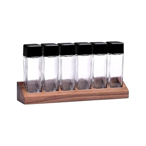  Normcore 6 Tubes Single Dose Espresso Bean Cellars, Coffee Beans Storage Tube Vial Vault with One-Way Exhaust Valve, Glass Coffee Bean Capsules with Genuine American Walnut Display Stand