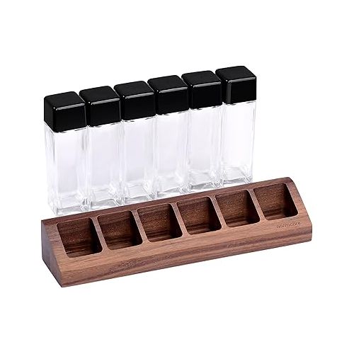  Normcore 6 Tubes Single Dose Espresso Bean Cellars, Coffee Beans Storage Tube Vial Vault with One-Way Exhaust Valve, Glass Coffee Bean Capsules with Genuine American Walnut Display Stand