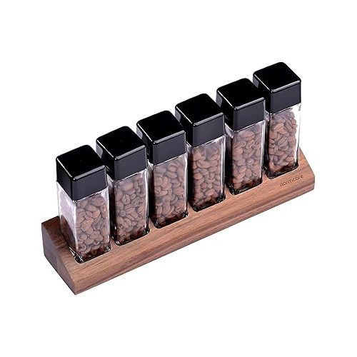  Normcore 6 Tubes Single Dose Espresso Bean Cellars, Coffee Beans Storage Tube Vial Vault with One-Way Exhaust Valve, Glass Coffee Bean Capsules with Genuine American Walnut Display Stand