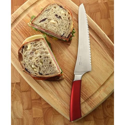  Norpro UNI Knife All Purpose Kitchen 8-inch Serrated Stainless Steel Blade for Tomatoes, Bread, Meat, Red