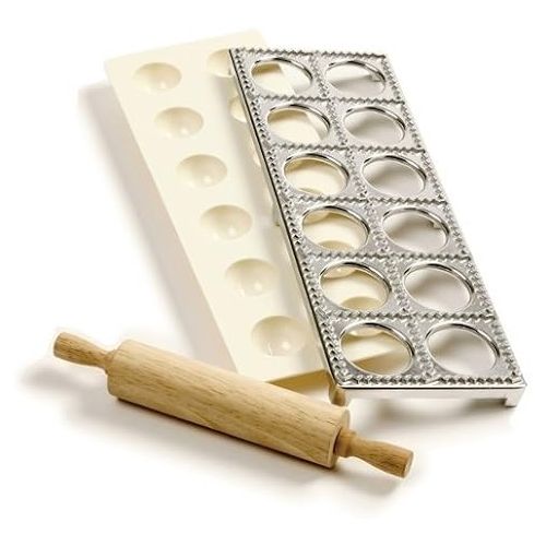  Norpro 3 Piece Ravioli Maker and Press Set with Rolling Pin, Large, White and silver