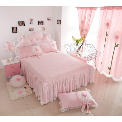  Norson bedding set Norson Cute Girls Bedding Set Queen Size Korean White Lace Ruffle Bedding Set 3PCS(Pink, Twin)