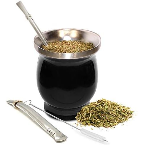  [아마존베스트]Norte Group UPGRADED Yerba Mate Natural Gourd/Tea Cup Set (Original Traditional Mate Cup - 8 Ounces) | Includes 2 Bombillas (Yerba Mate Straws) & Cleaning Brush | Stainless Steel | Double-Wall