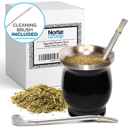  [아마존베스트]Norte Group UPGRADED Yerba Mate Natural Gourd/Tea Cup Set (Original Traditional Mate Cup - 8 Ounces) | Includes 2 Bombillas (Yerba Mate Straws) & Cleaning Brush | Stainless Steel | Double-Wall