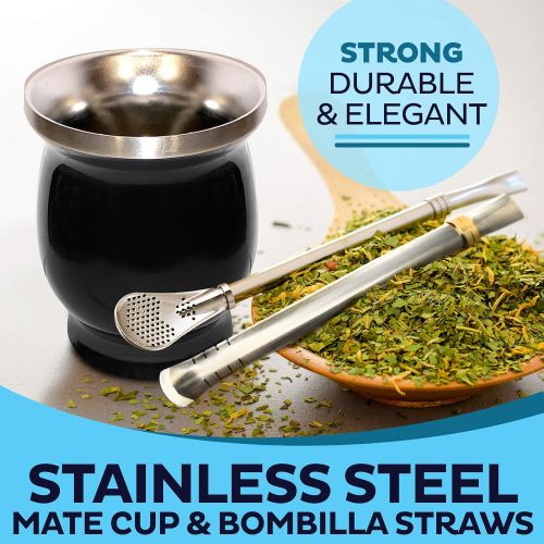  [아마존베스트]Norte Group UPGRADED Yerba Mate Natural Gourd/Tea Cup Set (Original Traditional Mate Cup - 8 Ounces) | Includes 2 Bombillas (Yerba Mate Straws) & Cleaning Brush | Stainless Steel | Double-Wall