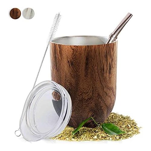  [아마존베스트]Norte Group Yerba Mate Natural Gourd/Tea Cup Set Brown (Traditional Mate Cup - 12 Ounces) I Includes Bombilla (Yerba Mate Straw), Lid & Cleaning Brush I Stainless Steel Double-Walled I Easy to