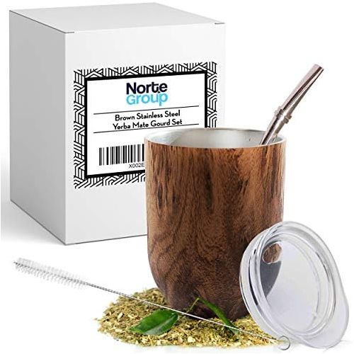  [아마존베스트]Norte Group Yerba Mate Natural Gourd/Tea Cup Set Brown (Traditional Mate Cup - 12 Ounces) I Includes Bombilla (Yerba Mate Straw), Lid & Cleaning Brush I Stainless Steel Double-Walled I Easy to