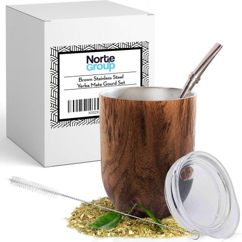  [아마존베스트]Norte Group Yerba Mate Natural Gourd/Tea Cup Set Brown (Traditional Mate Cup - 12 Ounces) I Includes Bombilla (Yerba Mate Straw), Lid & Cleaning Brush I Stainless Steel Double-Walled I Easy to