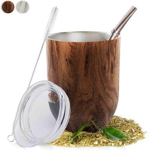  [아마존베스트]Norte Group Yerba Mate Natural Gourd/Tea Cup Set Brown (Traditional Mate Cup - 12 Ounces) I Includes Bombilla (Yerba Mate Straw), Lid & Cleaning Brush I Stainless Steel Double-Walled I Easy to