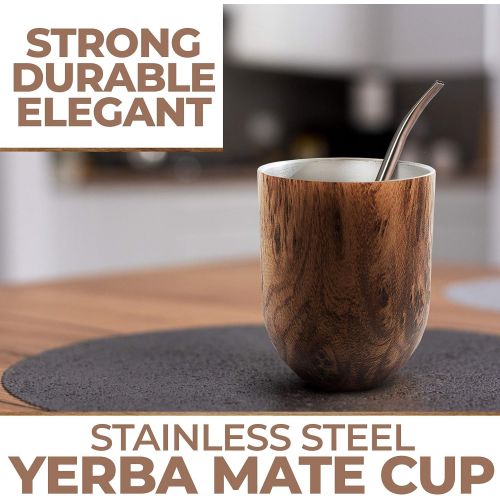  [아마존베스트]Norte Group Yerba Mate Natural Gourd/Tea Cup Set Brown (Traditional Mate Cup - 12 Ounces) I Includes Bombilla (Yerba Mate Straw), Lid & Cleaning Brush I Stainless Steel Double-Walled I Easy to