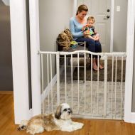 North States 38.25 Arched Auto-Close Baby Gate with Easy-Step: Pressure or hardware mount (mounts included). Two extensions included. Fits 28.5-38.25 wide (30 tall, Gray)