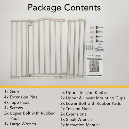  North States 38.25 Arched Auto-Close Baby Gate with Easy-Step: Pressure or hardware mount (mounts included). Two extensions included. Fits 28.5-38.25 wide (30 tall, Gray)