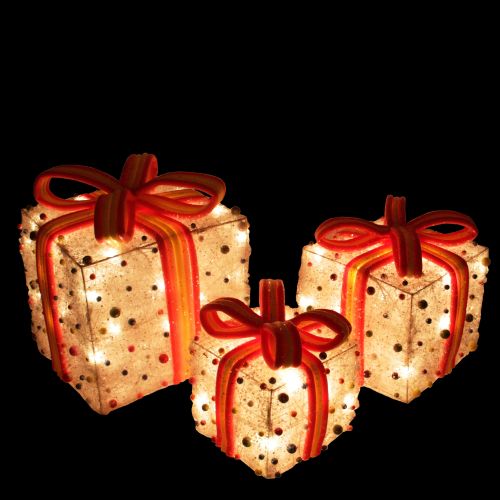  Northlight Set of 3 White Lighted Tinsel Gift Boxes with Bows and Candy Christmas Outdoor Decorations