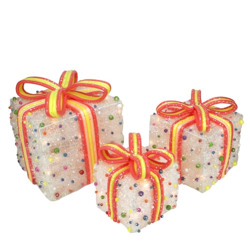  Northlight Set of 3 White Lighted Tinsel Gift Boxes with Bows and Candy Christmas Outdoor Decorations