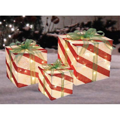  Northlight Set of 3 Lighted White and Red Striped Gift Box Outdoor Christmas Decorations